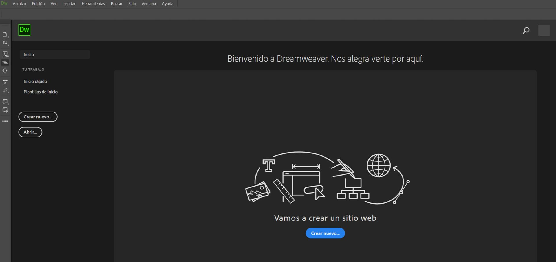 Pantalla de inicio de Dreamweaver