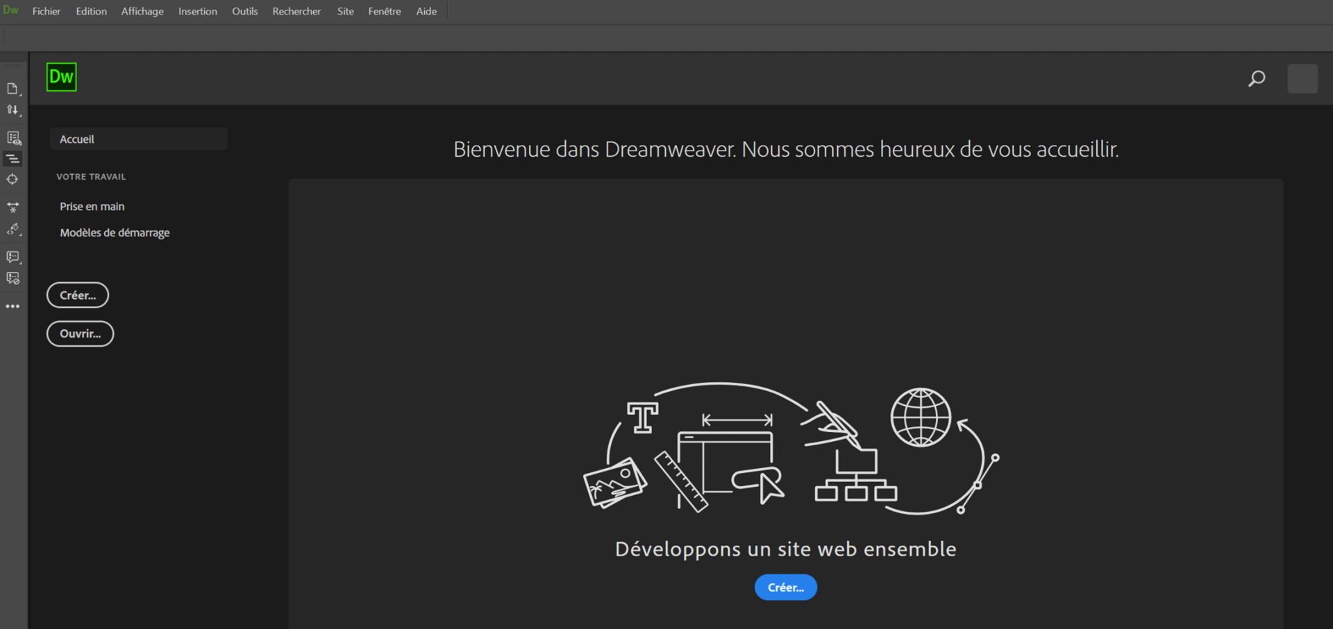 Écran de démarrage de Dreamweaver