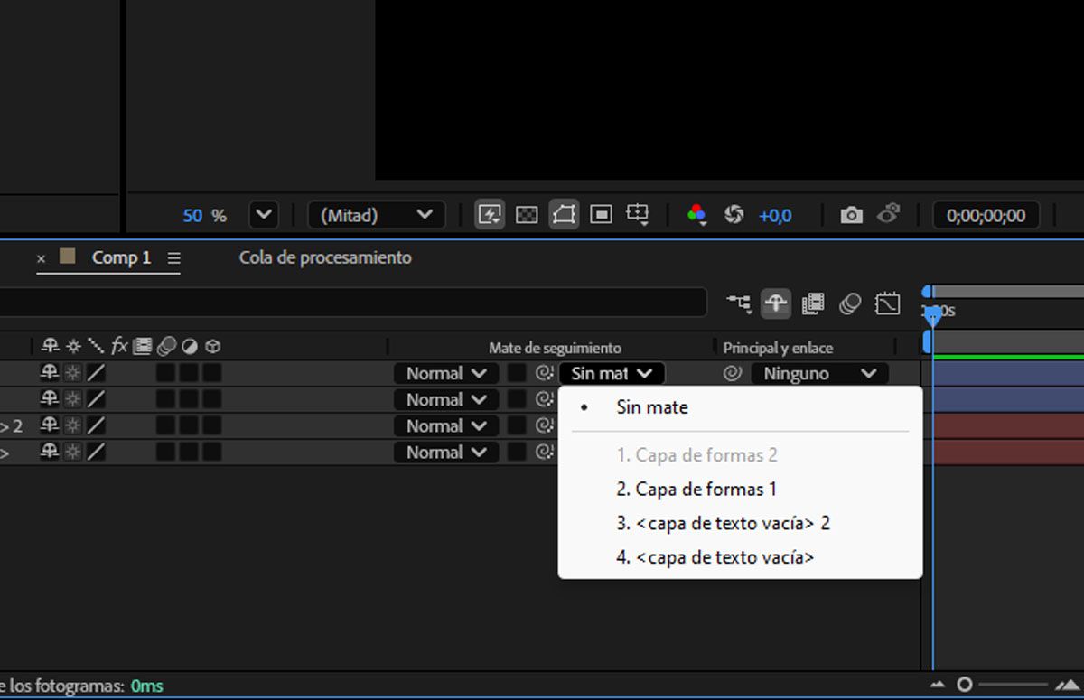 La lista desplegable de capas para elegir la que se utiliza como mate de seguimiento.