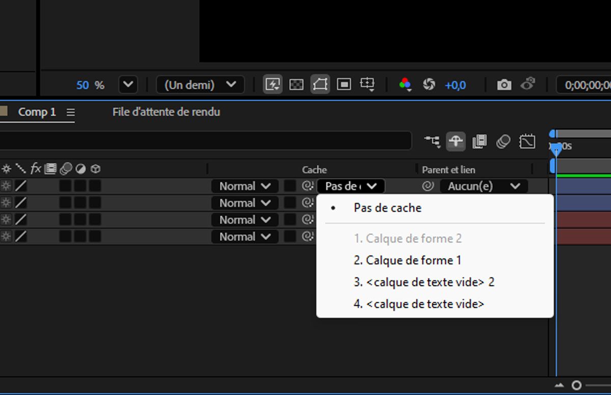 La liste déroulante Liste des calques permet de choisir le calque que vous utilisez comme cache de piste.