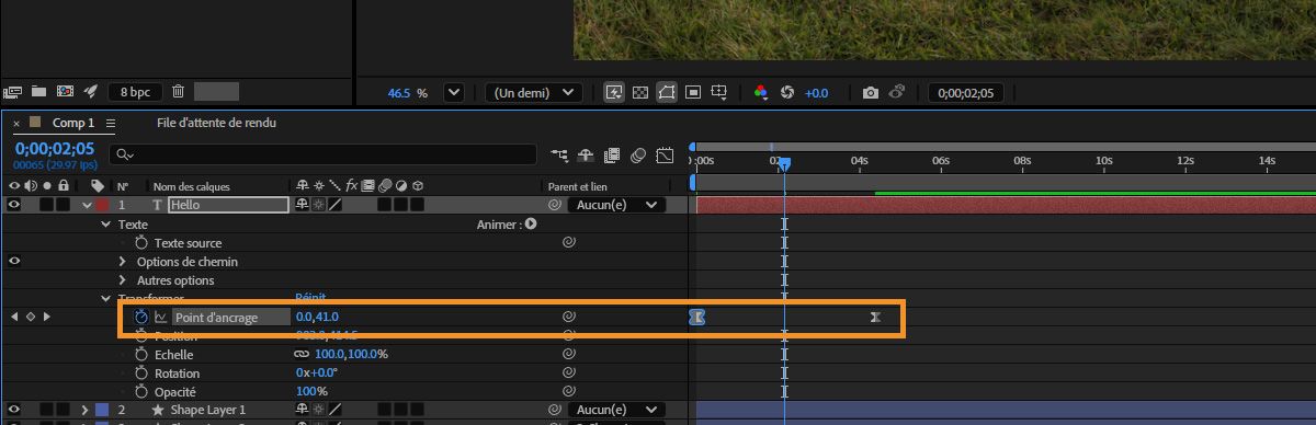 Les propriétés de transformation s’ouvrent et le point d’ancrage est sélectionné dans le panneau Montage.