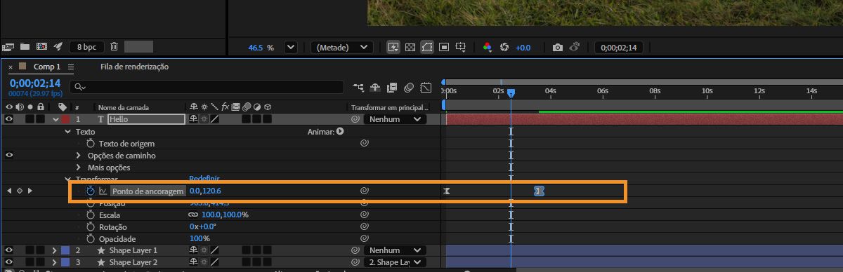 As propriedades de transformação expandidas com o ponto de ancoragem selecionado no painel “Linha do tempo”.