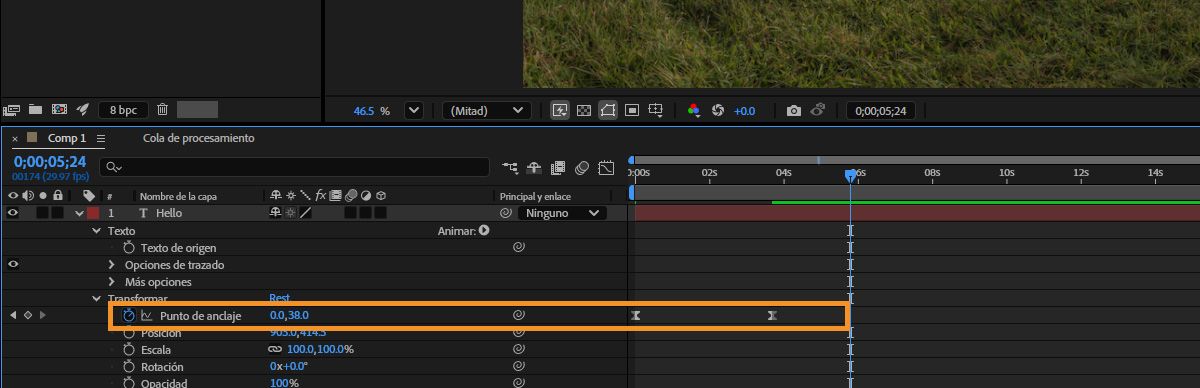 Las propiedades de transformación se expanden y el punto de anclaje se selecciona en el panel Línea de tiempo.