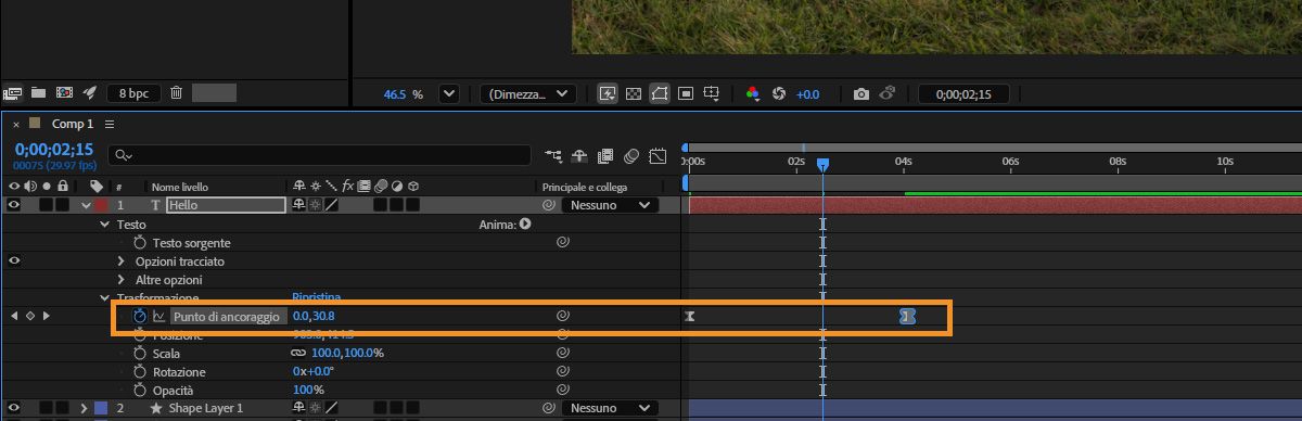 Proprietà di trasformazione aperte con il punto di ancoraggio selezionato nel pannello Timeline.