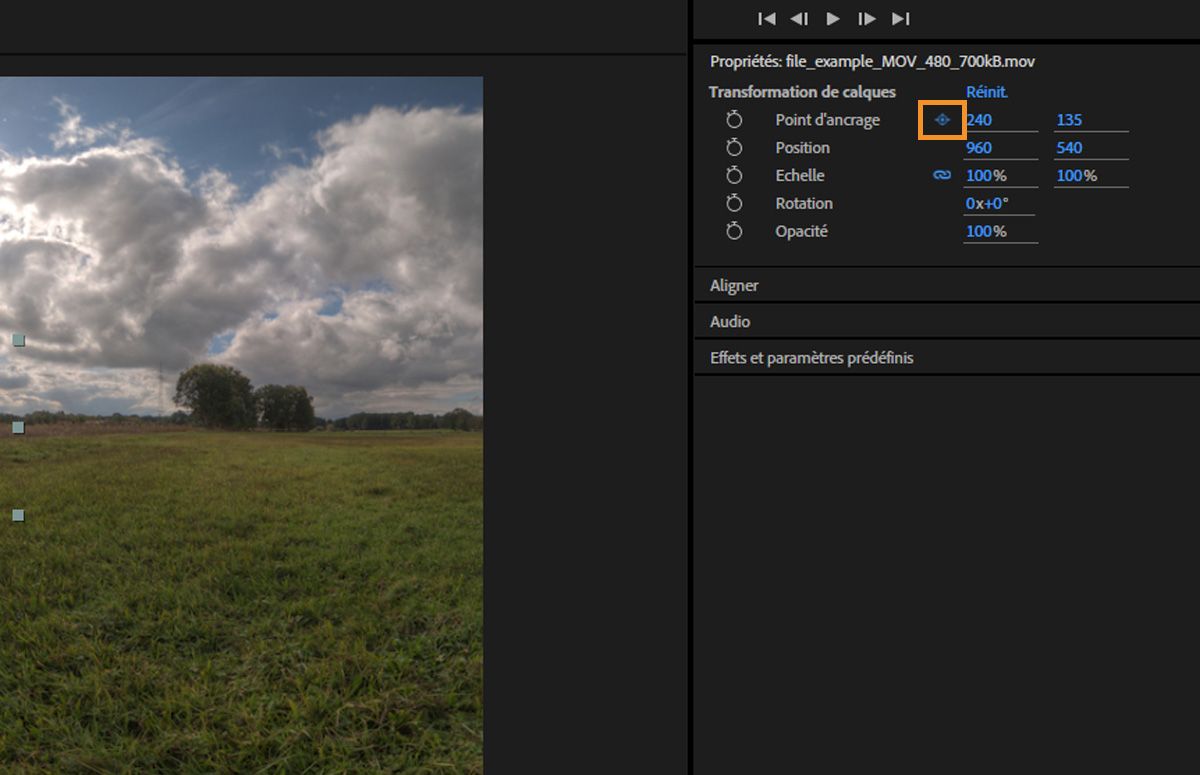 Dans le panneau Propriétés, l’icône Point d’ancrage est mise en surbrillance.