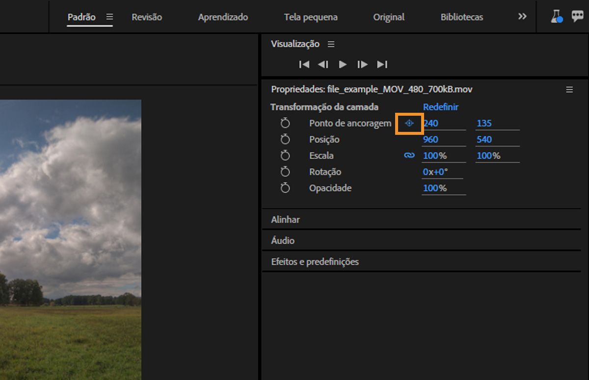 No painel Propriedades, o ícone Ponto de ancoragem é destacado.