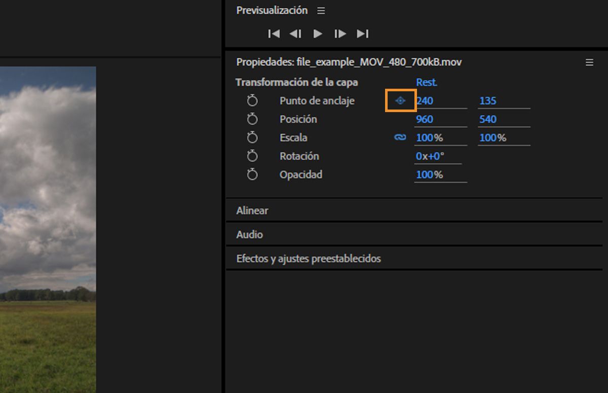 En el panel Propiedades, se resalta el icono de Punto de anclaje.