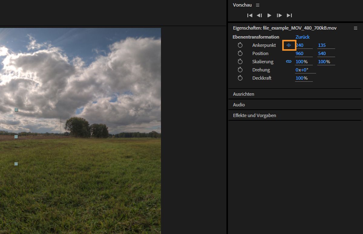 Im Bedienfeld „Eigenschaften“ ist das Symbol „Ankerpunkt“ hervorgehoben.