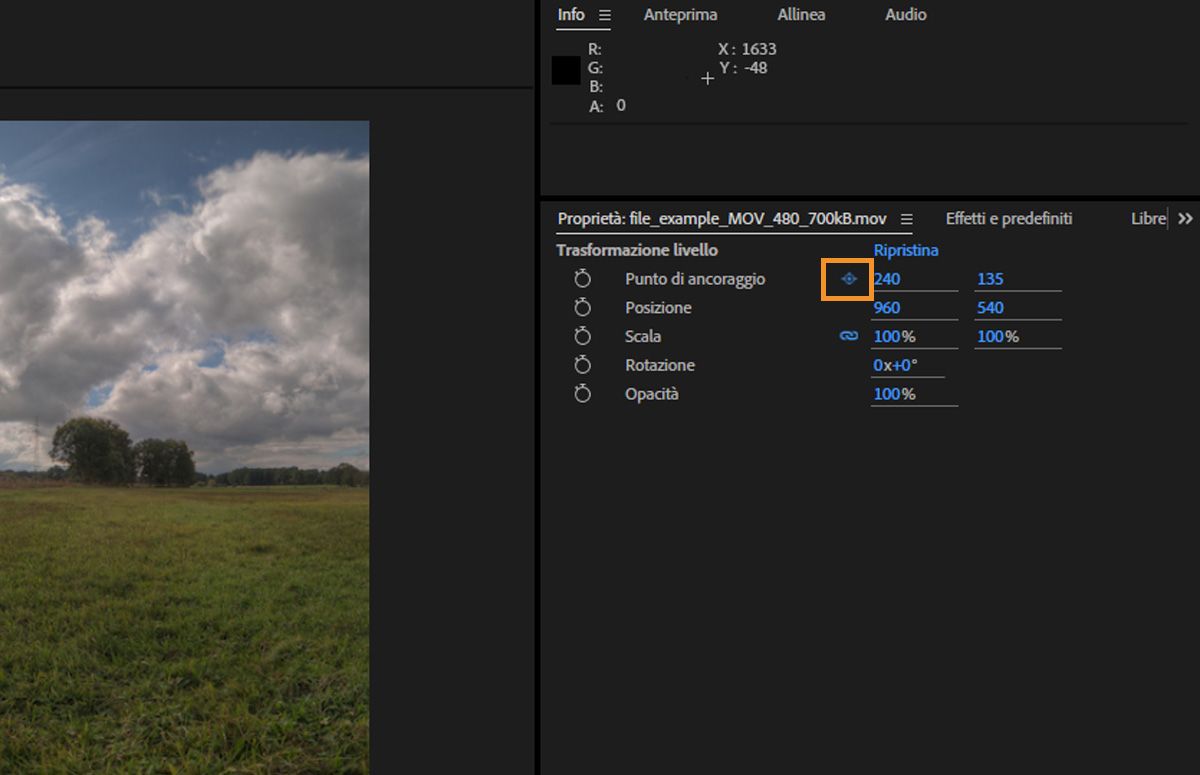 Icona Punto di ancoraggio è evidenziata nel pannello Proprietà.
