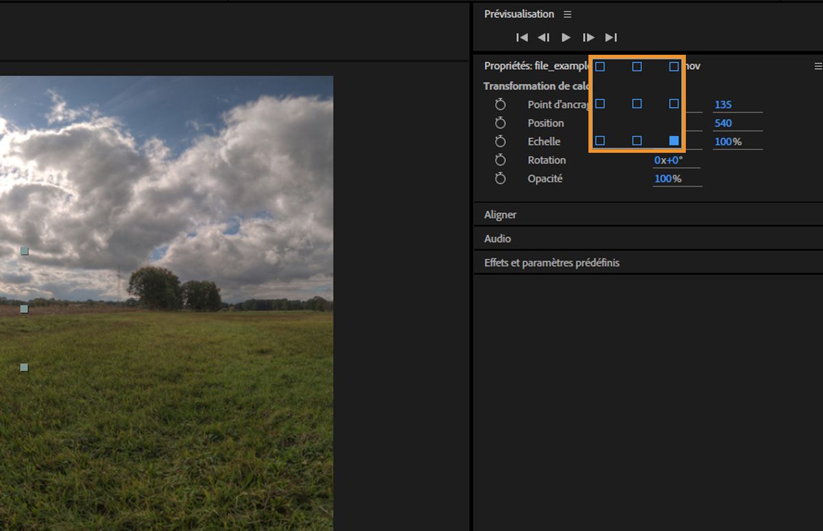 La boîte de dialogue Définir rapidement l’ancrage s’ouvre sur l’écran avec les options à sélectionner parmi neuf points couramment utilisés.