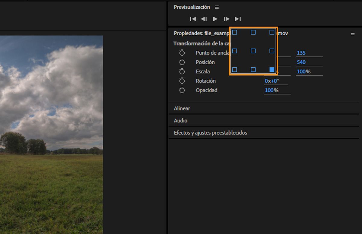 El cuadro de diálogo Establecer anclaje aparece en la pantalla con las opciones para seleccionar entre nueve puntos utilizados más habitualmente.