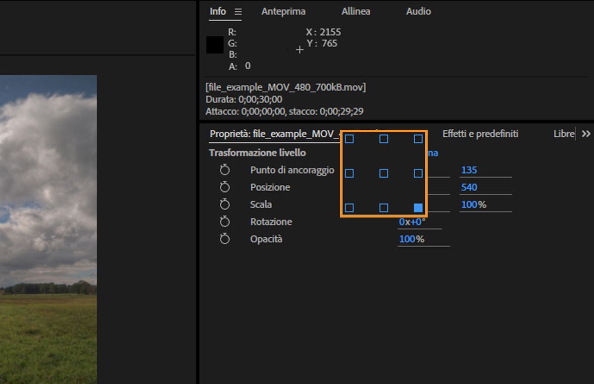 Sulla schermata viene avviata la finestra di dialogo Impostazione rapida ancoraggio con le opzioni da selezionare da 9 punti comunemente utilizzati.