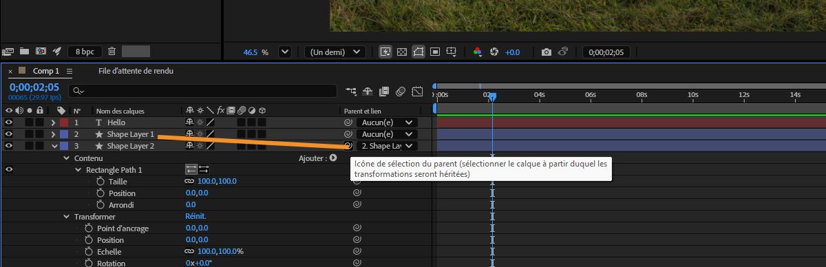 Dans le panneau Montage, un calque est ajouté en tant que calque parent à l’aide du sélecteur parent.