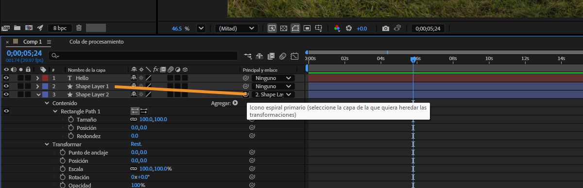 En el panel Línea de tiempo, una capa se añade como capa principal mediante el icono espiral principal.