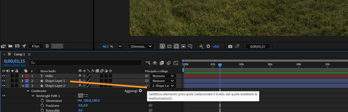 Nel pannello Timeline, un livello viene aggiunto come livello superiore utilizzando il selettore principale.