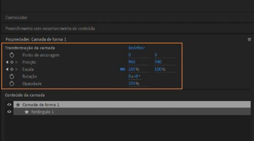 A transformação de camada no painel Propriedades de uma camada de forma selecionada.