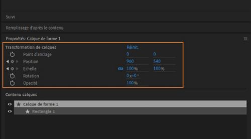 Transformation de calque dans le panneau Propriétés pour un calque de forme sélectionné.