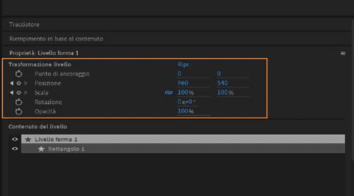 Trasformazione livello nel pannello Proprietà per un livello forma selezionato.