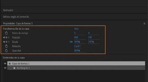 Transformación de capa en el panel Propiedades de una capa de forma seleccionada.
