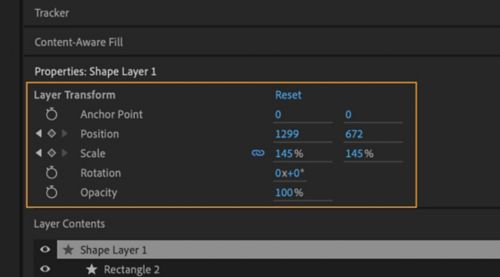 Layer Transform in the Properties Panel for a selected Shape layer.