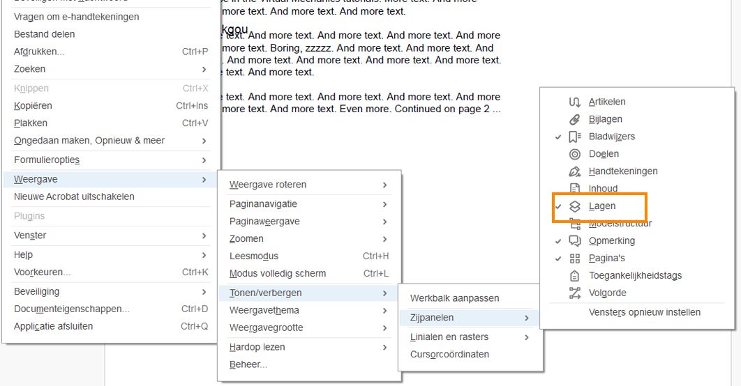 Deelvenster Lagen in Acrobat Reader