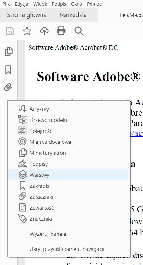 Wybieranie polecenia Warstwy z menu kontekstowego w panelu po lewej stronie