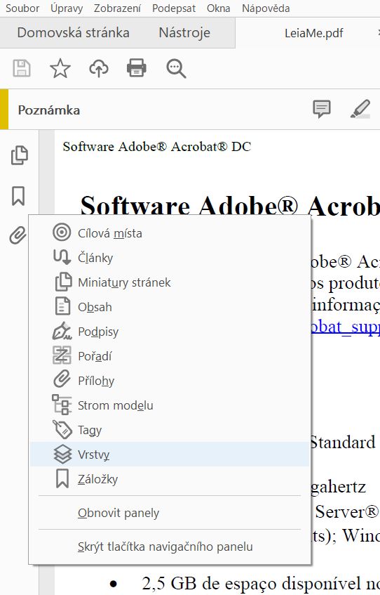 Vyberte možnost Vrstvy z kontextové nabídky levého panelu