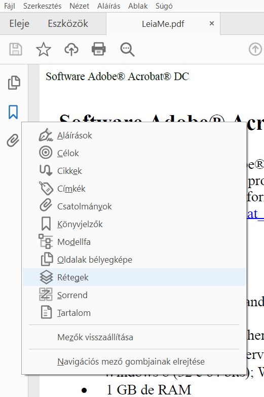 Válassza ki a Rétegek lehetőséget a bal mezőben lévő helyi menüből