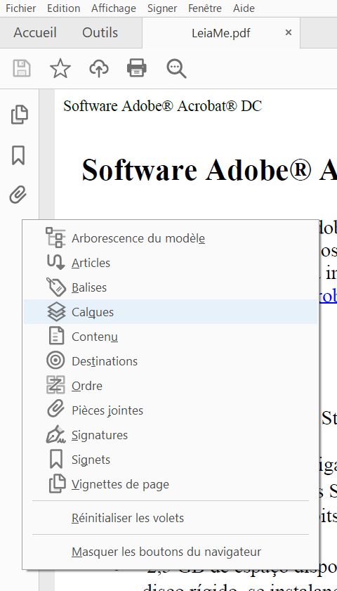 Sélection de Calques dans le menu contextuel du volet gauche