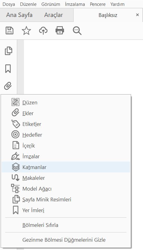 Sol bölme bağlam menüsünden Katmanlar öğesini seçin