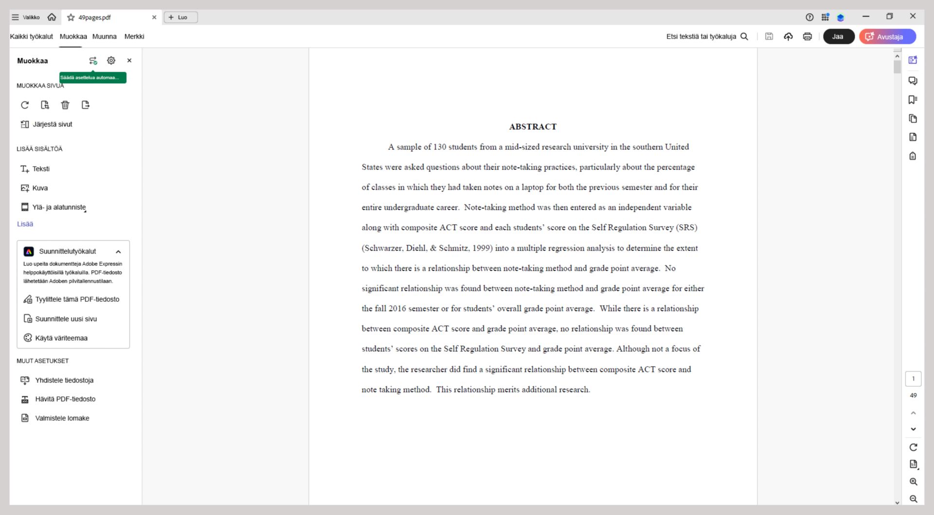 Automaattisäätö tukee nyt jopa 50-sivuisia PDF-tiedostoja