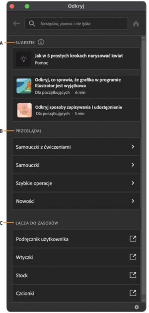 Interfejs panelu Odkryj w przestrzeni roboczej programu Illustrator.