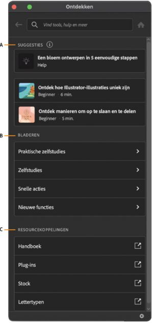 De interface van het deelvenster Ontdekken in de werkruimte van Illustrator.