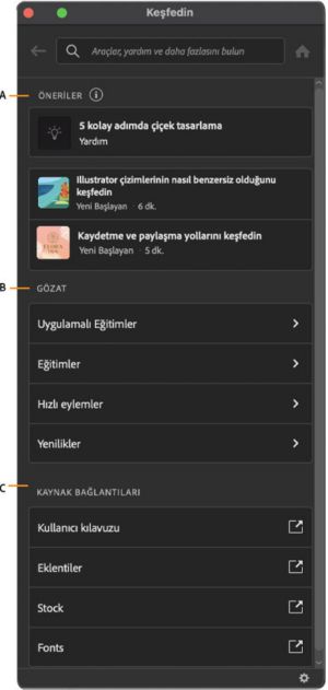 Illustrator çalışma alanındaki Keşfedin paneli arabirimi.