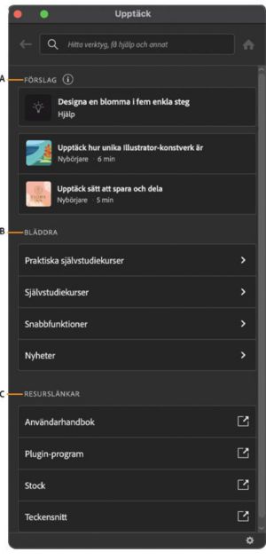 Gränssnittet för panelen Upptäck på Illustrators arbetsyta.