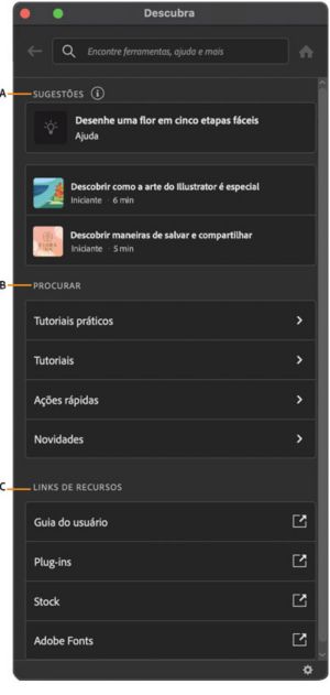 A interface do painel Descubra na área de trabalho do Illustrator.