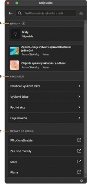Rozhraní panelu Prohledávání v pracovní ploše aplikace Illustrator.