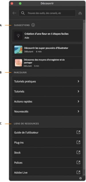 Interface du panneau Découvrir dans l’espace de travail Illustrator.