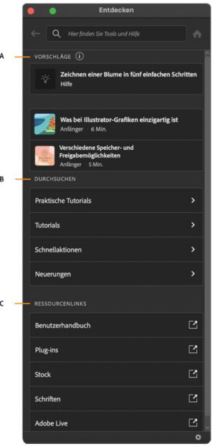 Die Benutzeroberfläche des Bedienfelds „Entdecken“ im Arbeitsbereich von Illustrator.