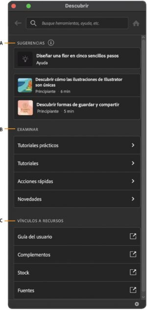 La interfaz del panel Descubrir dentro del espacio de trabajo de Illustrator.
