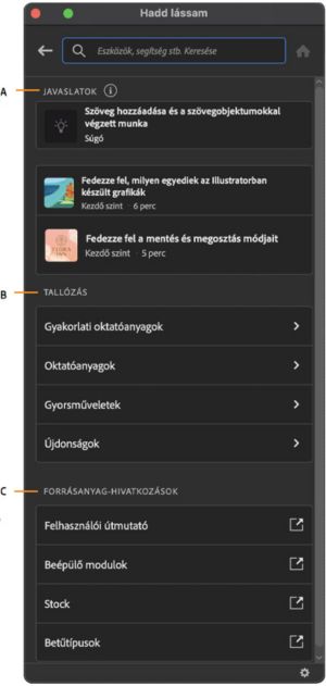 A Felfedezés panel felülete az Illustrator munkaterületen belül.
