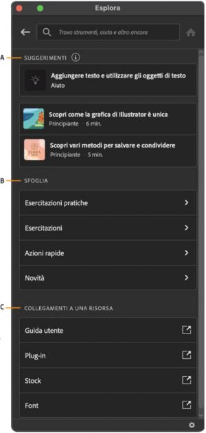 L'interfaccia del pannello Scopri nell'area di lavoro di Illustrator.