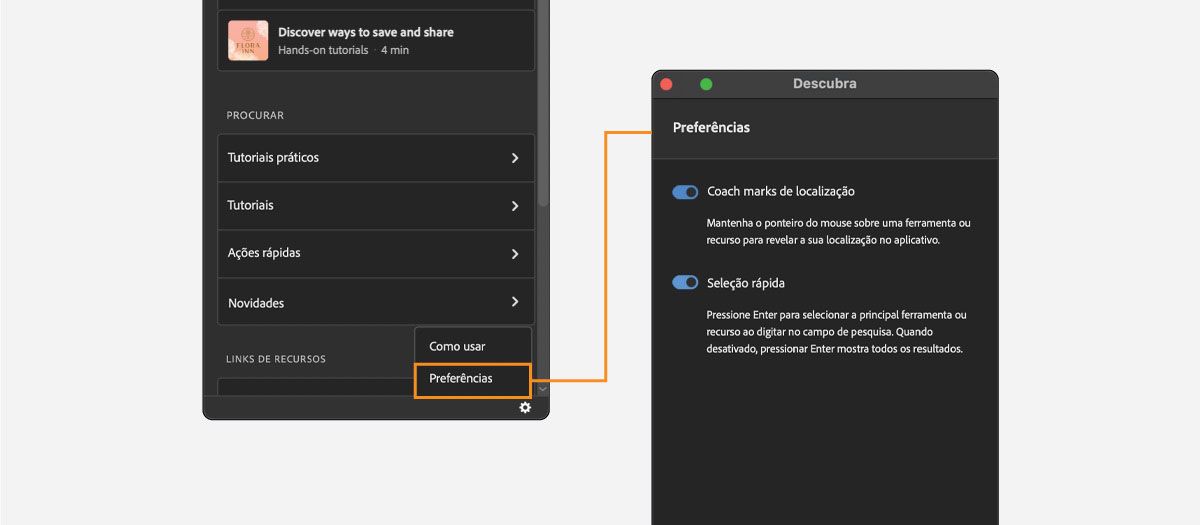 Selecionar Preferências nas configurações do painel Descubra