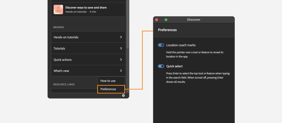 تحديد Preferences من إعدادات لوحة Discover