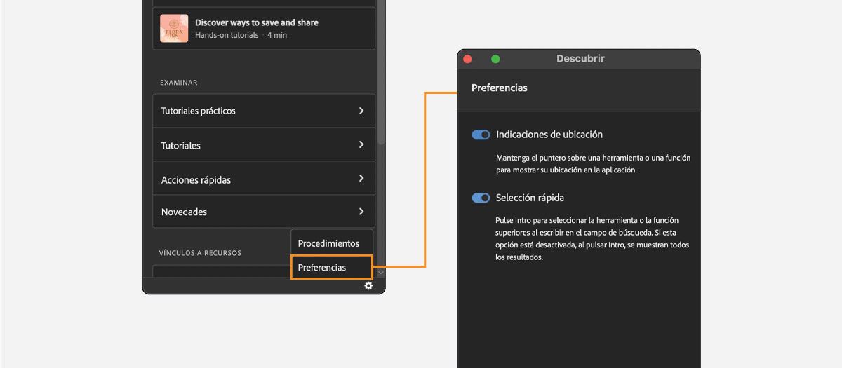 Seleccionar Preferencias em la configuración del panel Discover