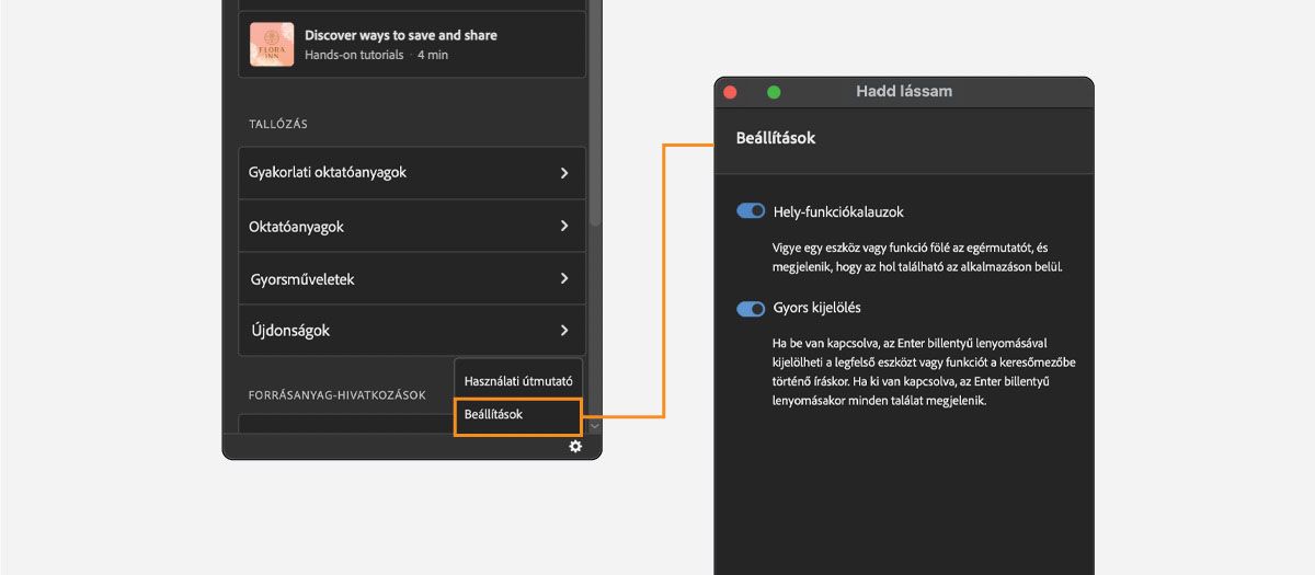 Válassza a Beállítások lehetőséget a Discover panel beállításai közül