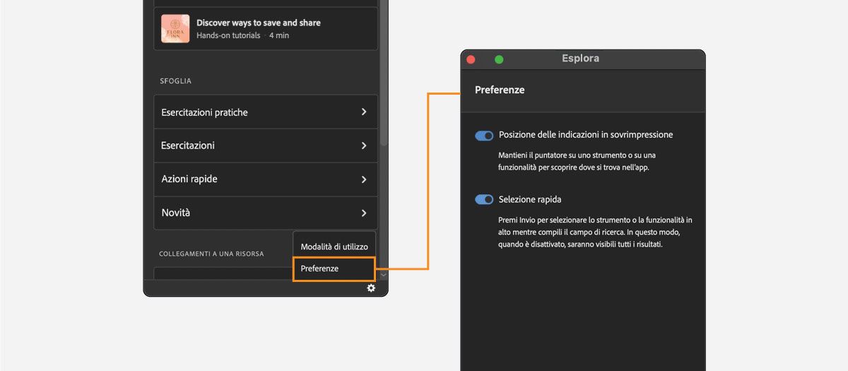 Selezionare Preferenze dalle impostazioni del pannello Scopri