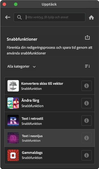 Välj Bläddra > Snabbåtgärder för att se listan över snabbåtgärder