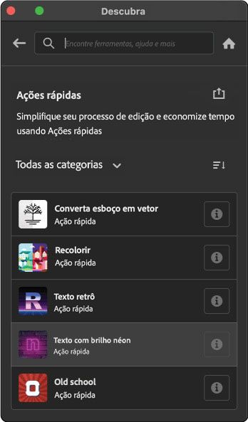 Selecione Navegar > Ações rápidas para ver a lista de ações rápidas