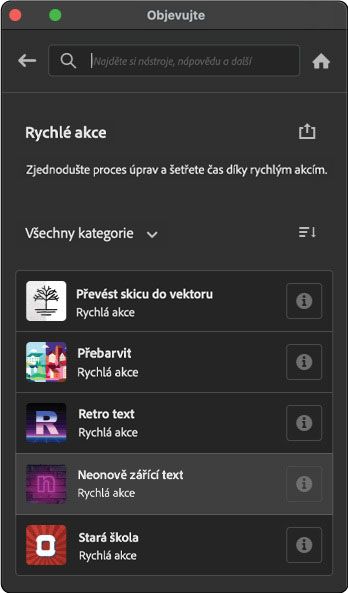 Výběrem možnosti Procházet > Rychlé akce zobrazíte seznam rychlých akcí